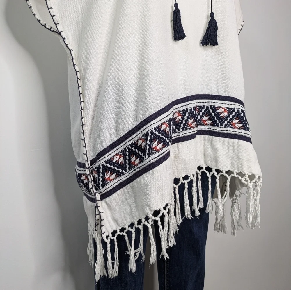Tory Burch white blue orange tassel 100% cotton hooded cover up top XS/S